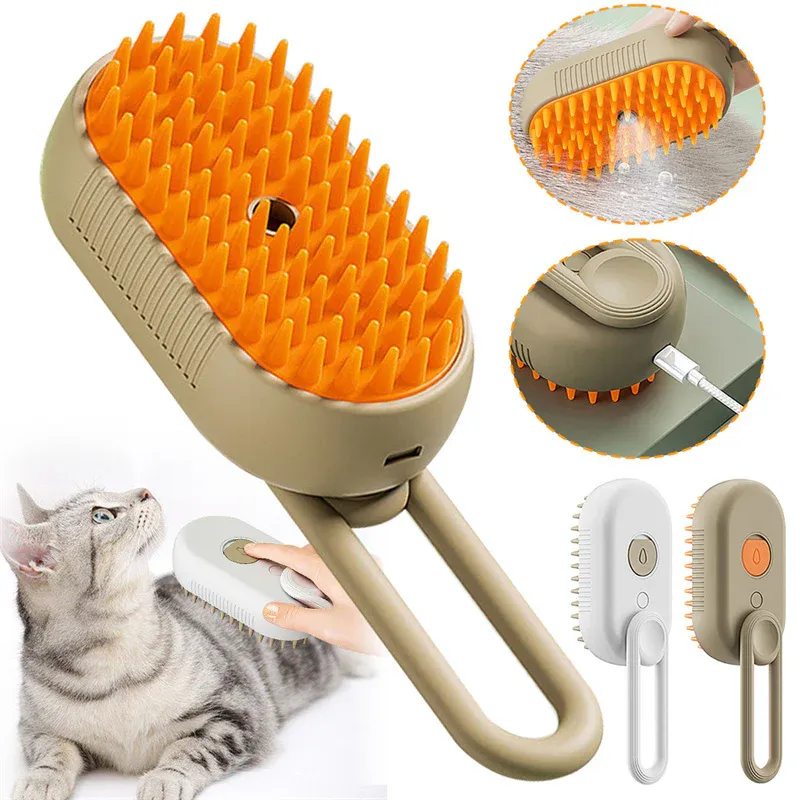 2 Piece Pet Steam Brush Set 3 in 1 Electric Spray Hair Removal Comb, White and Brown, USB - Image 4