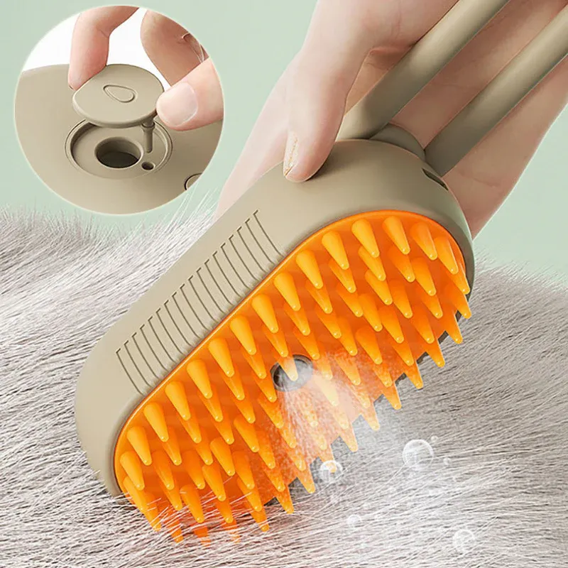 2 Piece Pet Steam Brush Set 3 in 1 Electric Spray Hair Removal Comb, White and Brown, USB - Image 5