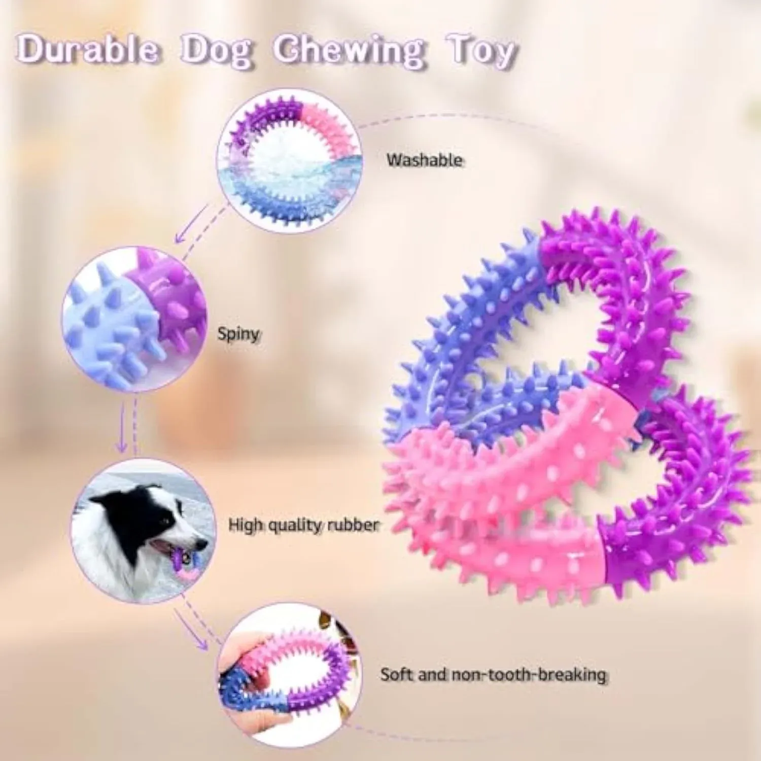 Dog Chew Ring Toy Rubber Puppy Teething Toy, Blue Pink Purple - Image 2
