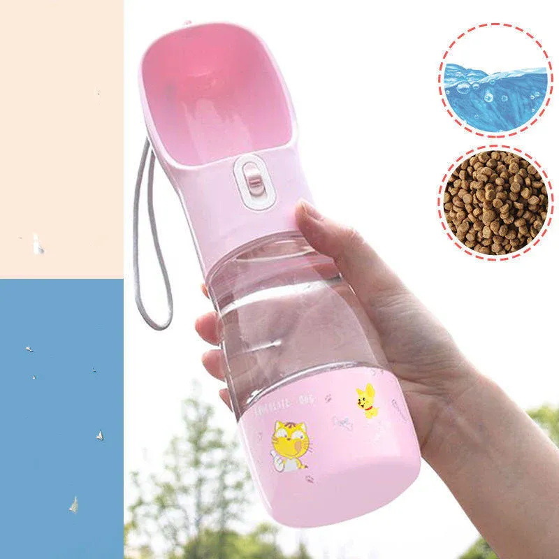Pet Water Bottle with Integrated Feeder, Pink - Image 5