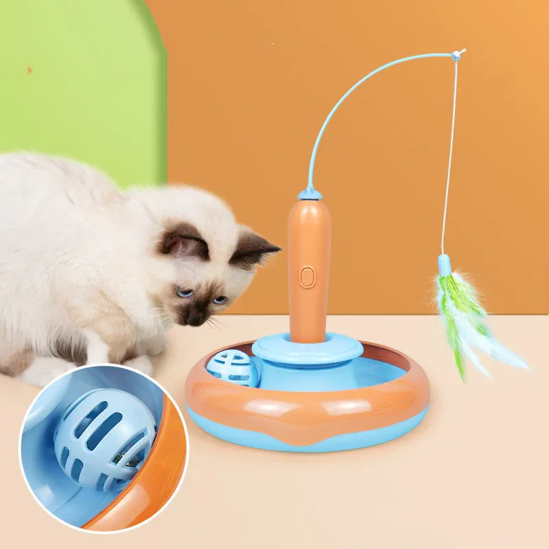 2 In 1 Pet Cat Toy With Feather For Self-play, Cat Turntable - Yellow green - Image 2