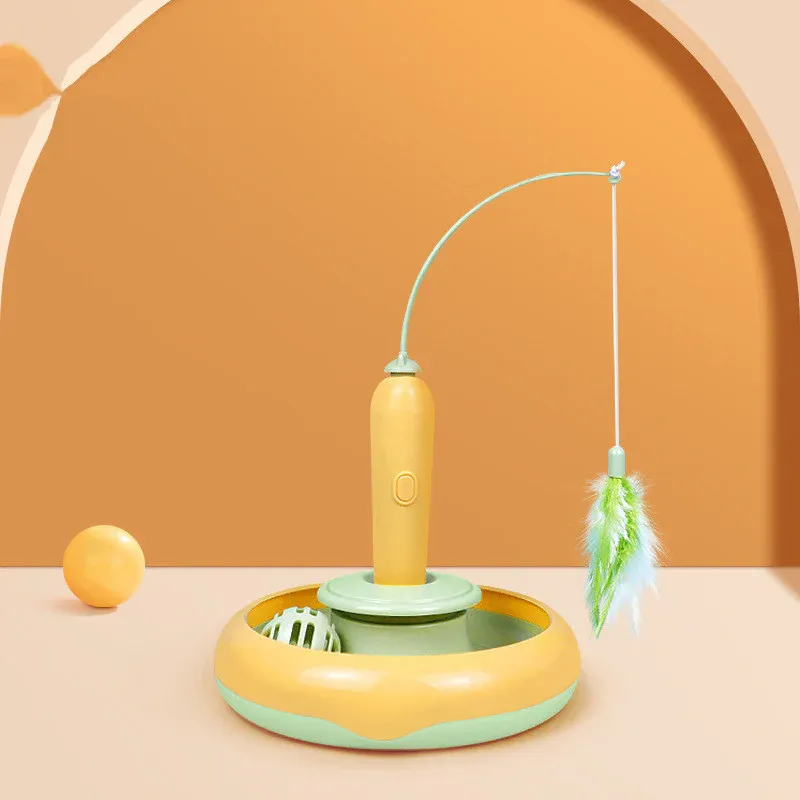 2 In 1 Pet Cat Toy With Feather For Self-play, Cat Turntable - Yellow green - Image 5