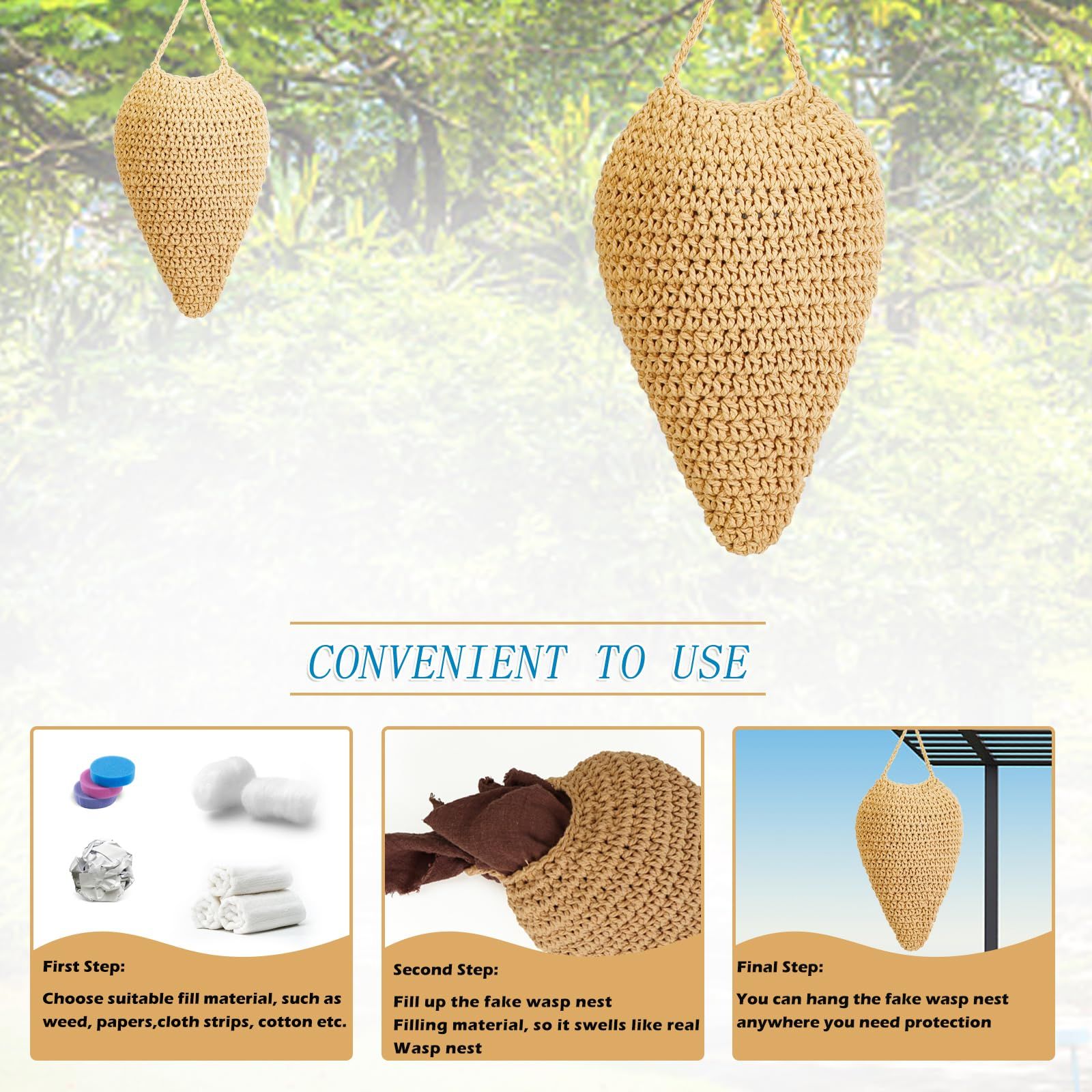 3pcsWoven Crochet Wasp Nest Decoy, Waterproof Faux Hanging Wasp Hornets Hive Nests Artificial Fake Wasp Nest Decoy Decoration for Patio Eaves Yard Home Large caramel color - Image 2
