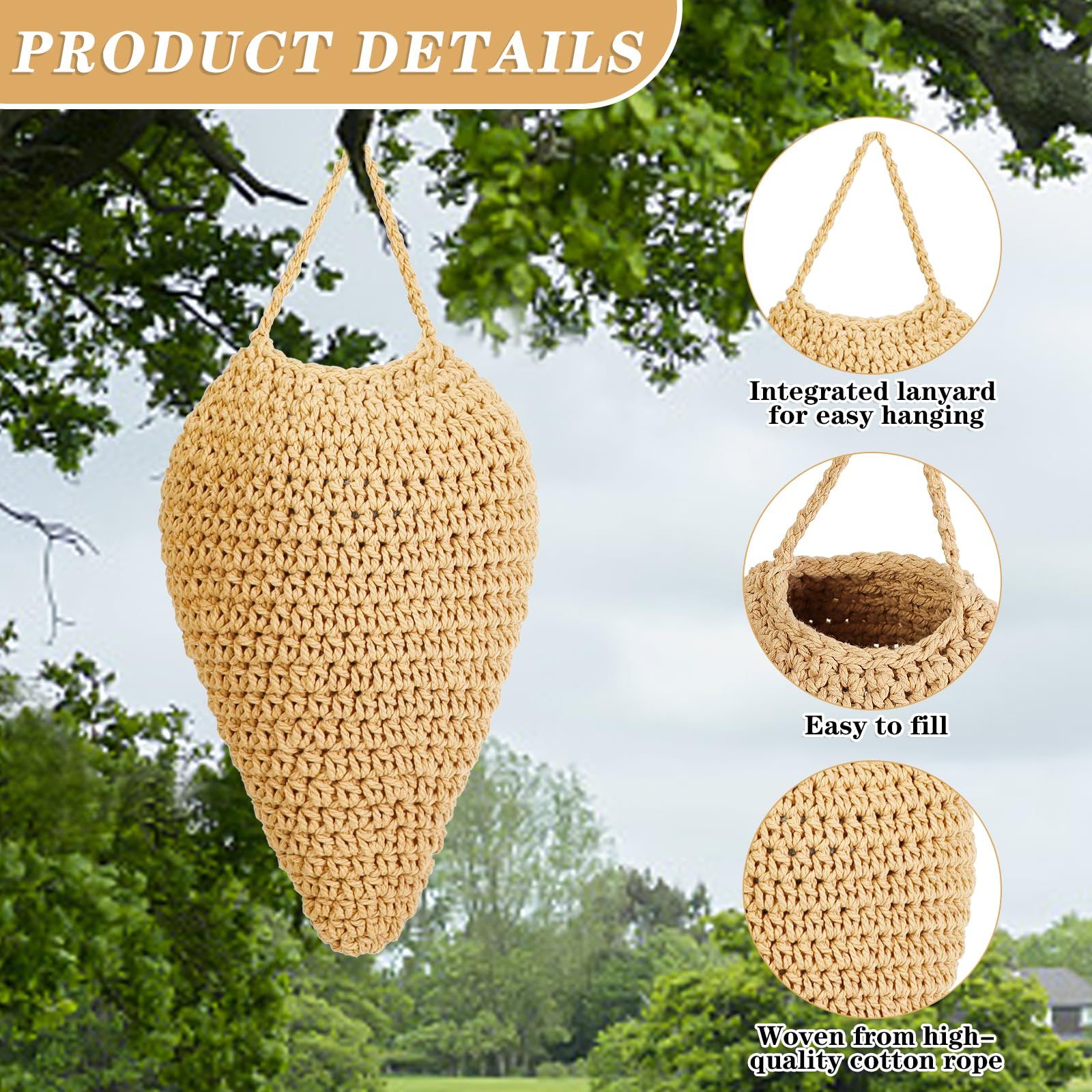 3pcsWoven Crochet Wasp Nest Decoy, Waterproof Faux Hanging Wasp Hornets Hive Nests Artificial Fake Wasp Nest Decoy Decoration for Patio Eaves Yard Home Large caramel color - Image 3