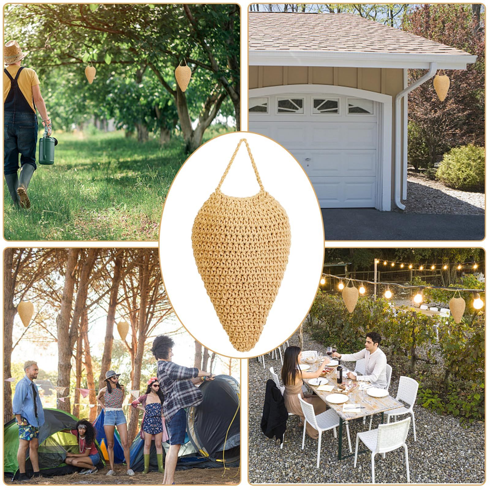3pcsWoven Crochet Wasp Nest Decoy, Waterproof Faux Hanging Wasp Hornets Hive Nests Artificial Fake Wasp Nest Decoy Decoration for Patio Eaves Yard Home Large caramel color - Image 4