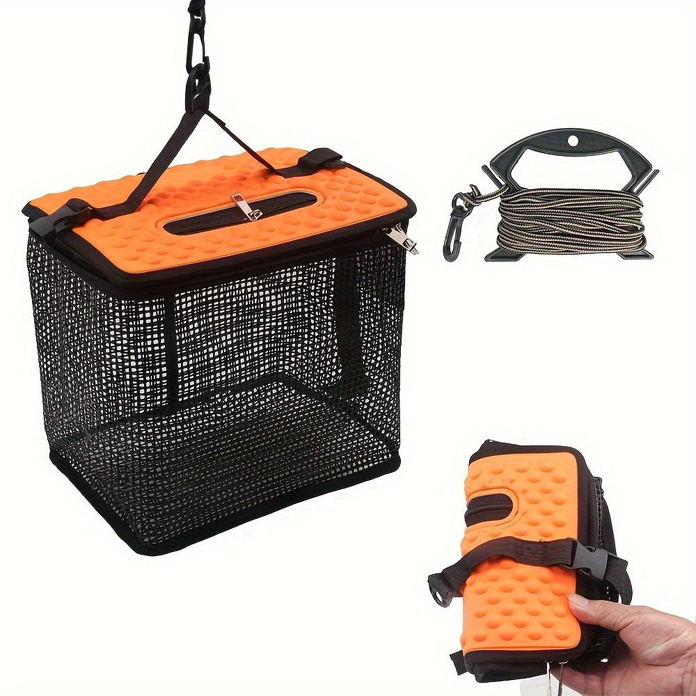 Floating Fish Basket for Live Caught, Foldable Fishing Holder Bucket Portable Collapsible Fishing Net Storage Cage for Live Fish Bait Live Well(28.45*22.1*24.89cm)