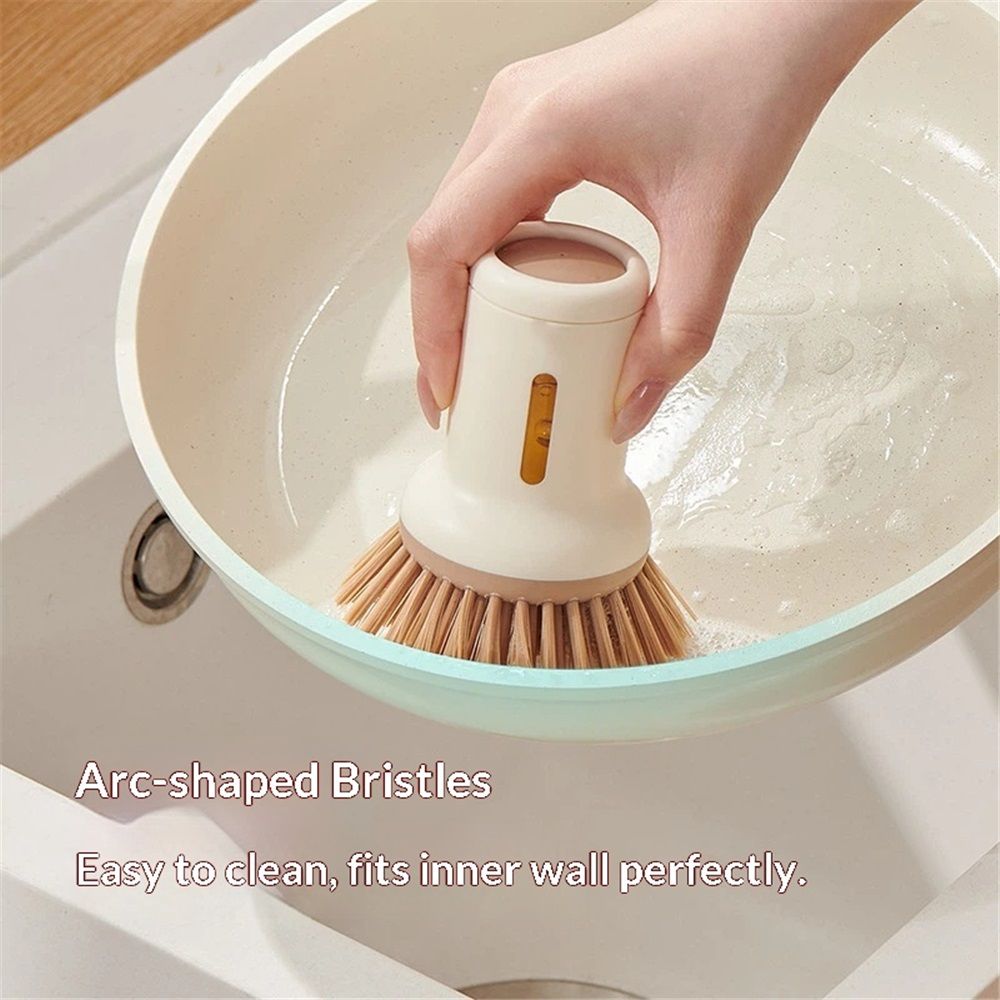 2 pack Dish Brush Set with Soap Dispensing Palm Brush Dish Scrub Brush with Soap Dispenser Palm Dish Brush Kitchen Cleaning Brush with Ergonomic Long Handle for Cleaning Sink, Pot, Pan, Cream Yellow - Image 2