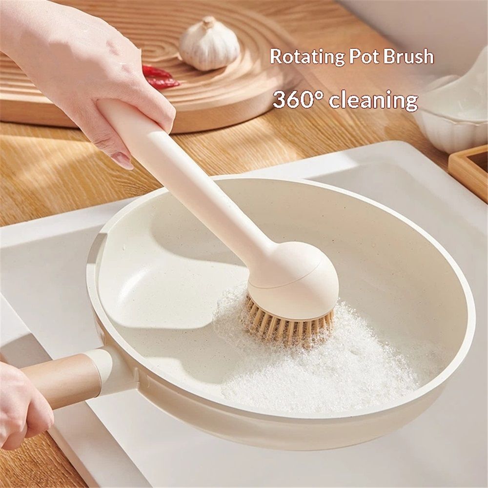 2 pack Dish Brush Set with Soap Dispensing Palm Brush Dish Scrub Brush with Soap Dispenser Palm Dish Brush Kitchen Cleaning Brush with Ergonomic Long Handle for Cleaning Sink, Pot, Pan, Cream Yellow - Image 3