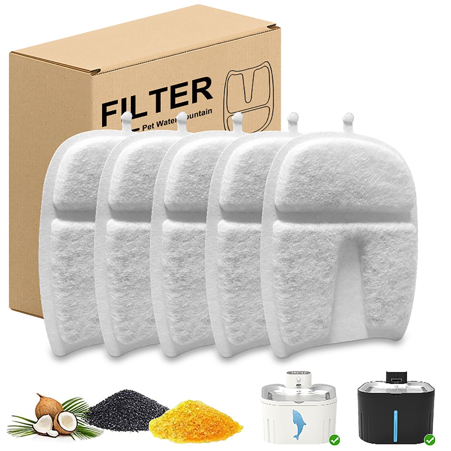 U7 Cat Water Fountain Filters 5 Pack, Triple Filtration Pet Water Fountain Replacement Filters, Food Grade Filters for U7 Wireless Cat Water Fountain, Remove Hair, Odour & Heavy Metals