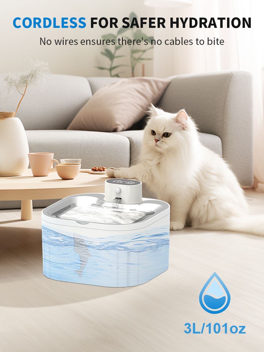 U7 Cat Water Fountain Waterer 3L/101oz, Wireless & USB Rechargeable Pet Water Fountain with 304 Stainless Steel Lid, Smart Infrared Motion Sensor Automatic Pet Water Dispenser, Ultra Quiet Pump, Detachable Easy Clean - Image 5