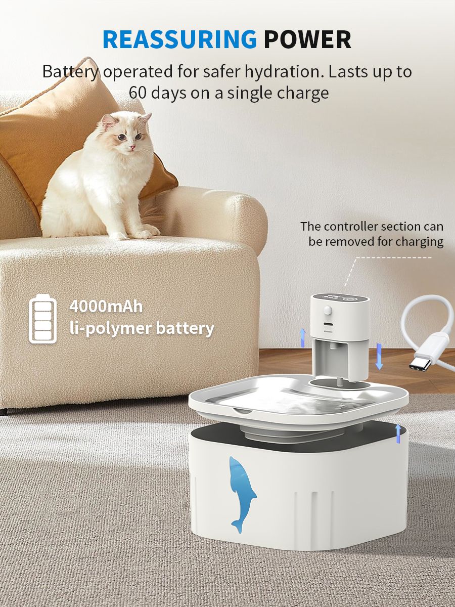 U7 Cat Water Fountain Waterer 3L/101oz, Wireless & USB Rechargeable Pet Water Fountain with 304 Stainless Steel Lid, Smart Infrared Motion Sensor Automatic Pet Water Dispenser, Ultra Quiet Pump, Detachable Easy Clean - Image 6
