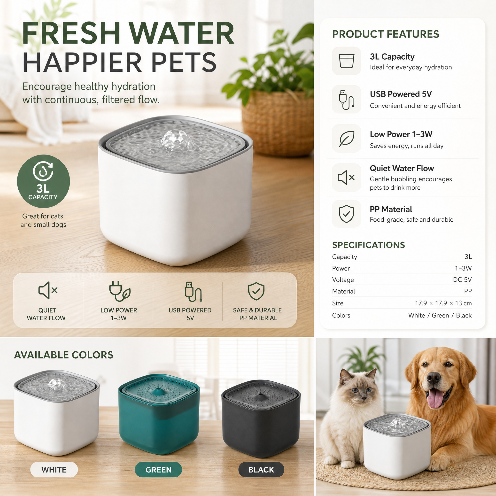 Black 3L/101oz Automatic Cat Water Fountain, Pet Water Dispenser with USB Wired Power, Detachable Design, Ultra-Quiet Pump (≤30dB), 3-Stage Filtration, Anti-Dry Burning Warning Light, BPA-Free for Multiple Cats & Small Dogs - Image 4
