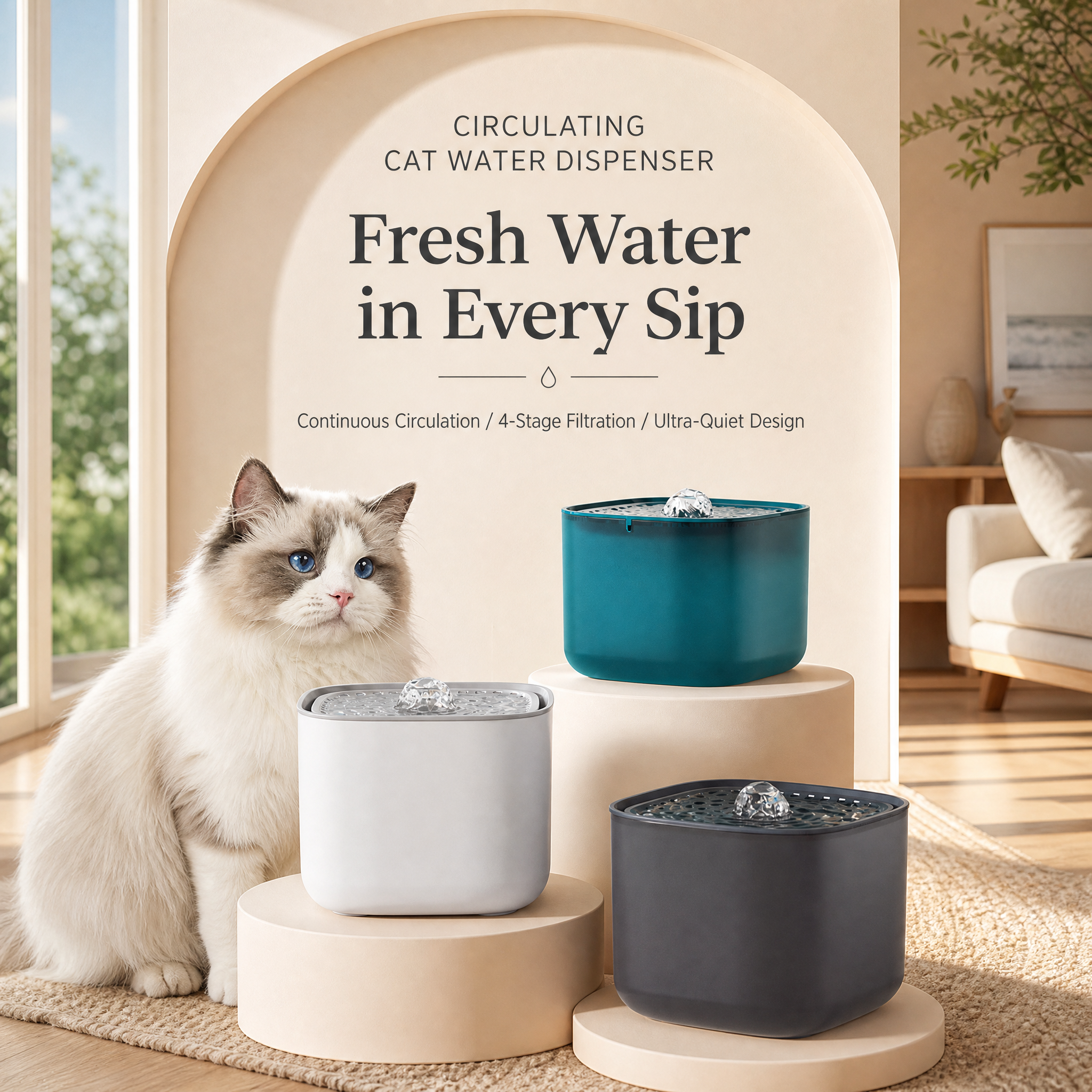 White 3L/101oz Automatic Cat Water Fountain, Pet Water Dispenser with USB Wired Power, Detachable Design, Ultra-Quiet Pump (≤30dB), 3-Stage Filtration, Anti-Dry Burning Warning Light, BPA-Free for Multiple Cats & Small Dogs - Image 3