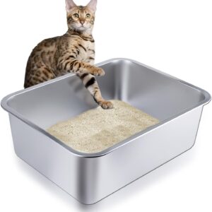 Stainless Steel Cat Litter Box - Large Metal High-Sided Pan for Cats, Pets, Non-Stick, Odor-Free, Easy to Clean, Splash-Proof, Durable (17.7" L x 13.8" W x 6" H)