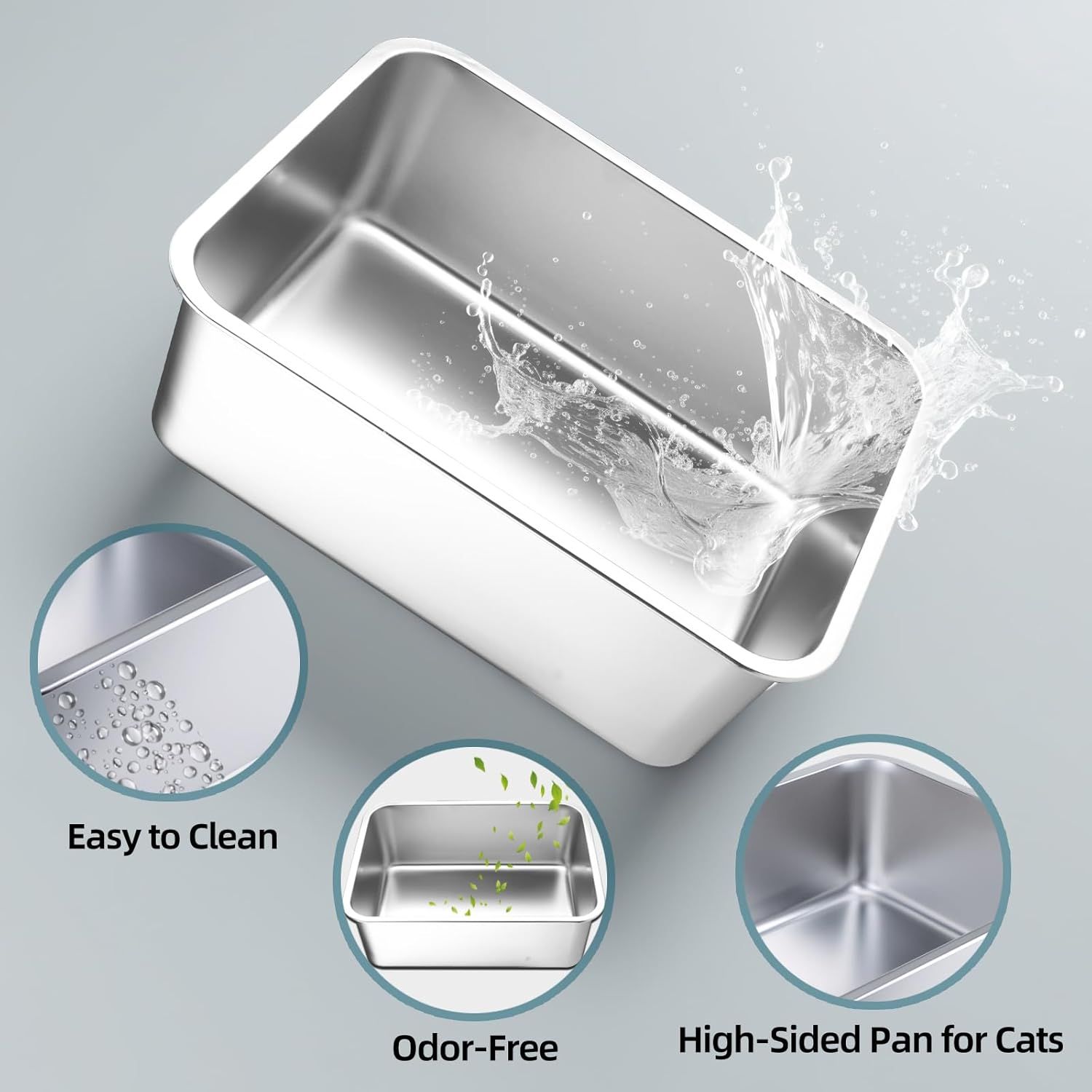 Stainless Steel Cat Litter Box - Large Metal High-Sided Pan for Cats, Pets, Non-Stick, Odor-Free, Easy to Clean, Splash-Proof, Durable (17.7" L x 13.8" W x 6" H) - Image 3