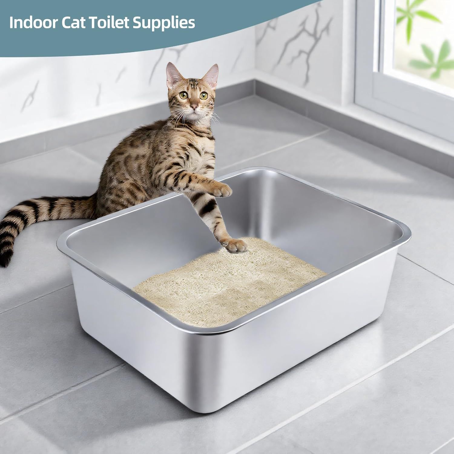 Stainless Steel Cat Litter Box - Large Metal High-Sided Pan for Cats, Pets, Non-Stick, Odor-Free, Easy to Clean, Splash-Proof, Durable (17.7" L x 13.8" W x 6" H) - Image 6