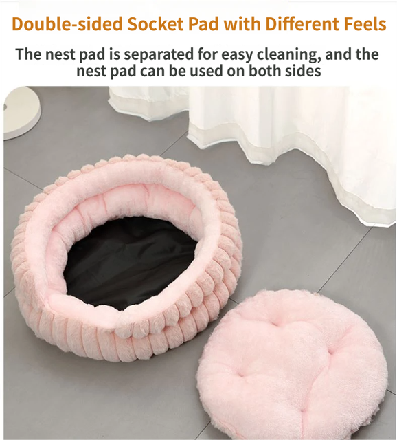 White Plush Round Pet Bed with Gap Entry & Removable Cushion S Size - Thickened Warm Anti Slip Cats and Dogs Donut Nest for All Seasons, Cozy and Soft Sleeping Bed for Home Use, M Size 50*50*15CM - Image 4
