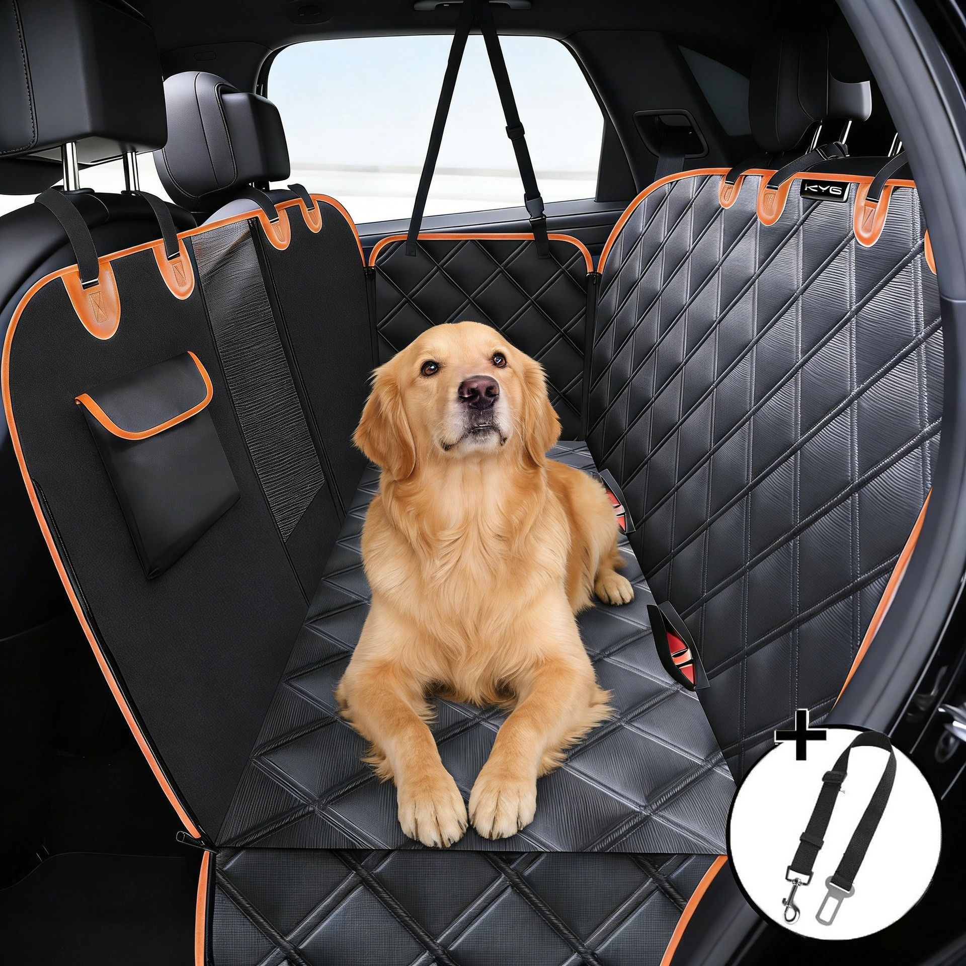 Waterproof Dog Car Rear Seat Protector 135 x 148CM - Durable Oxford Non Slip Pet Hammock with Storage Pockets , Zipper Mesh Window and 6 Fixed Buckles, Seat Belt Access Opening and Pet Leash
