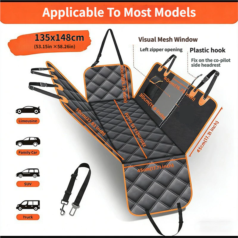 Waterproof Dog Car Rear Seat Protector 135 x 148CM - Durable Oxford Non Slip Pet Hammock with Storage Pockets , Zipper Mesh Window and 6 Fixed Buckles, Seat Belt Access Opening and Pet Leash - Image 2