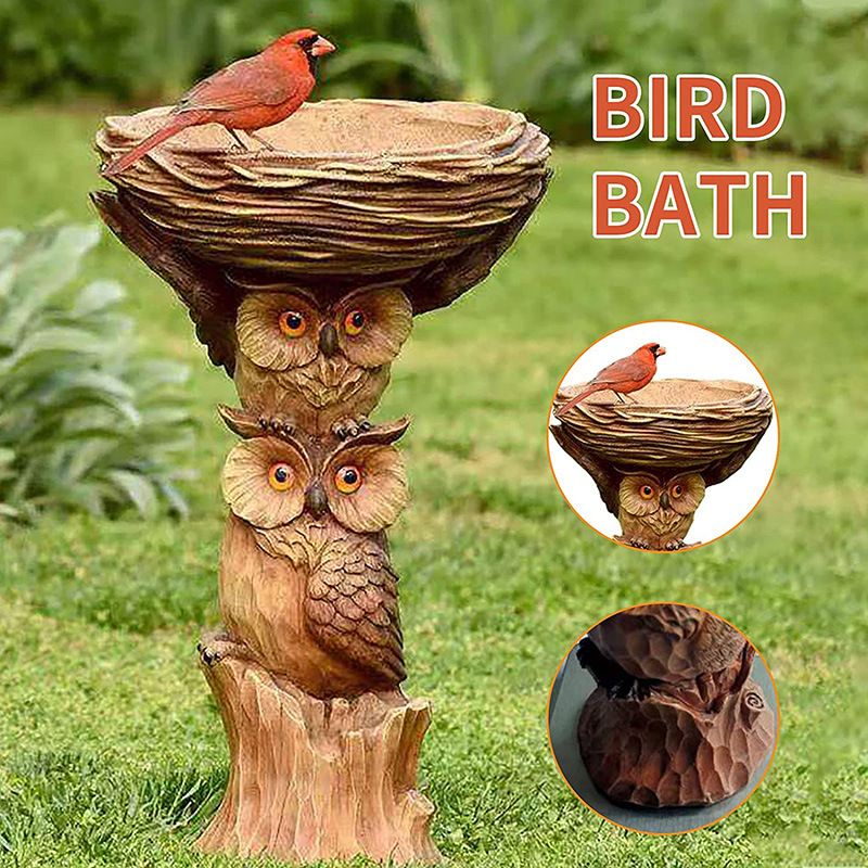 Resin Bird Bath Feeder Garden Ornament with Owl Design – Tree Stump Decorative Outdoor Bird Feeder for Patio, Lawn & Yard - Image 2