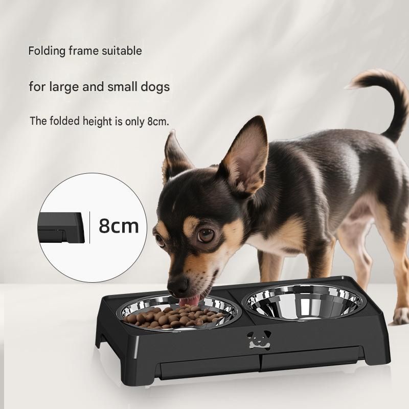 Grey Adjustable Elevated Dog Bowl Stand with Stainless Steel Double Bowls, Foldable Raised Pet Feeding Station for Medium & Large Dogs, Anti-Slip Height Adjustable Food and Water Feeder - Image 4