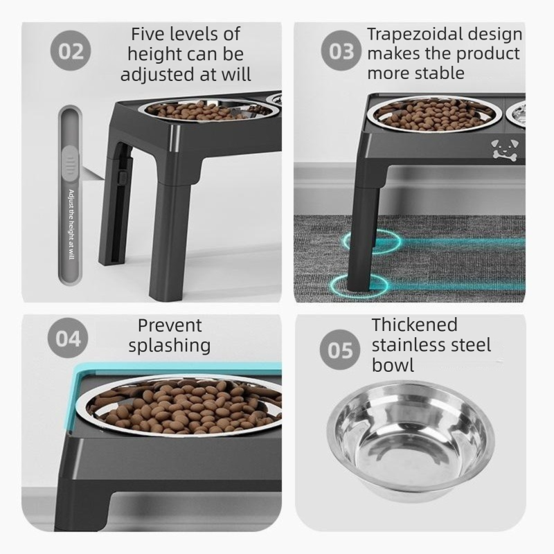 Grey Adjustable Elevated Dog Bowl Stand with Stainless Steel Double Bowls, Foldable Raised Pet Feeding Station for Medium & Large Dogs, Anti-Slip Height Adjustable Food and Water Feeder - Image 8