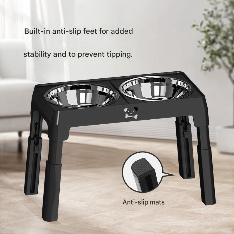 Black Adjustable Elevated Dog Bowl Stand with Stainless Steel Double Bowls, Foldable Raised Pet Feeding Station for Medium & Large Dogs, Anti-Slip Height Adjustable Food and Water Feeder - Image 5