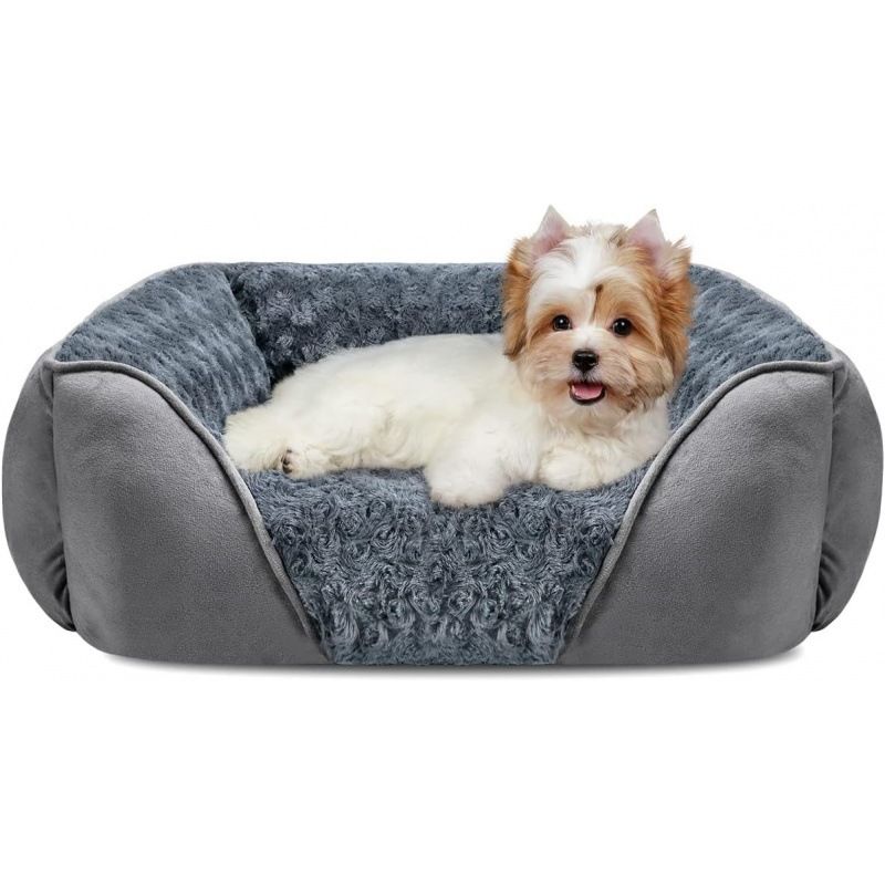 Grey Small & Medium Pet Bed - Washable Rectangle Dog Bed with Bolstered Walls and Anti-Slip Bottom, S (60×45×14cm) - Image 2