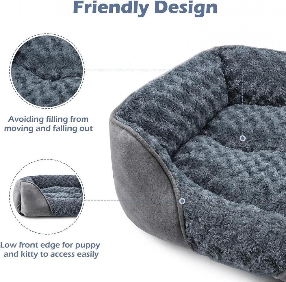 Grey Small & Medium Pet Bed - Washable Rectangle Dog Bed with Bolstered Walls and Anti-Slip Bottom, S (60×45×14cm) - Image 3