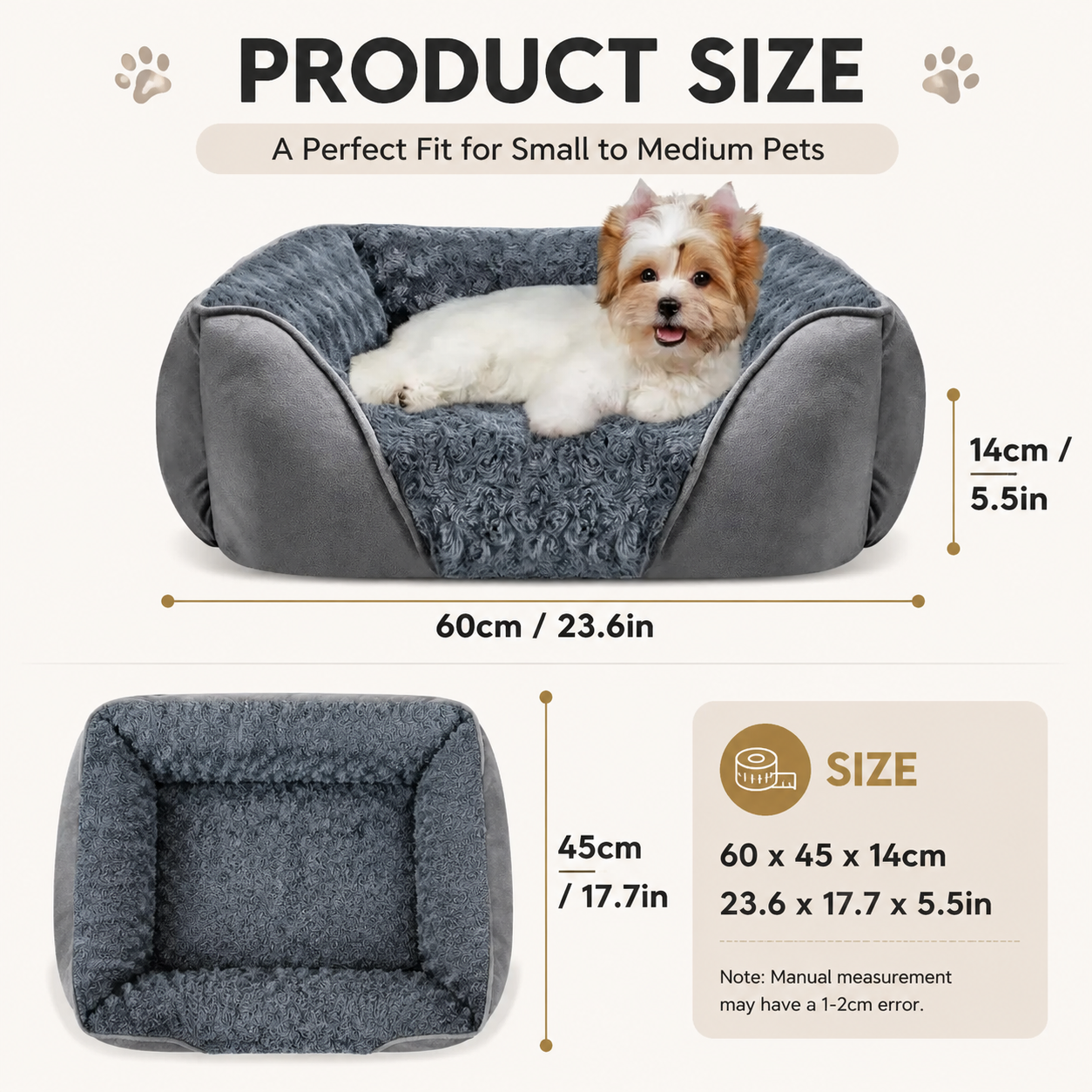 Grey Small & Medium Pet Bed - Washable Rectangle Dog Bed with Bolstered Walls and Anti-Slip Bottom, S (60×45×14cm) - Image 6