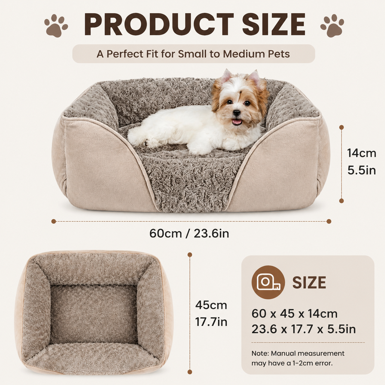 Camel Small & Medium Pet Bed - Washable Rectangle Dog Bed with Bolstered Walls and Anti-Slip Bottom, S (60×45×14cm) - Image 7