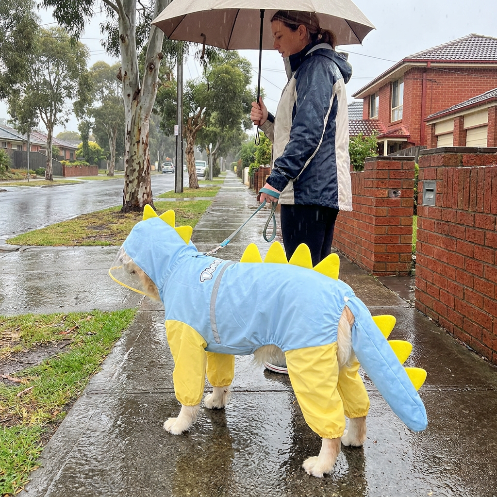 Blue Dog Raincoat Dinosaur Hooded Waterproof Jacket 3XL Size with Leash Hole Removable Tail Cover Full Body Coverage Pet Rain Coat for Outdoor Walking Large Dogs - Image 2