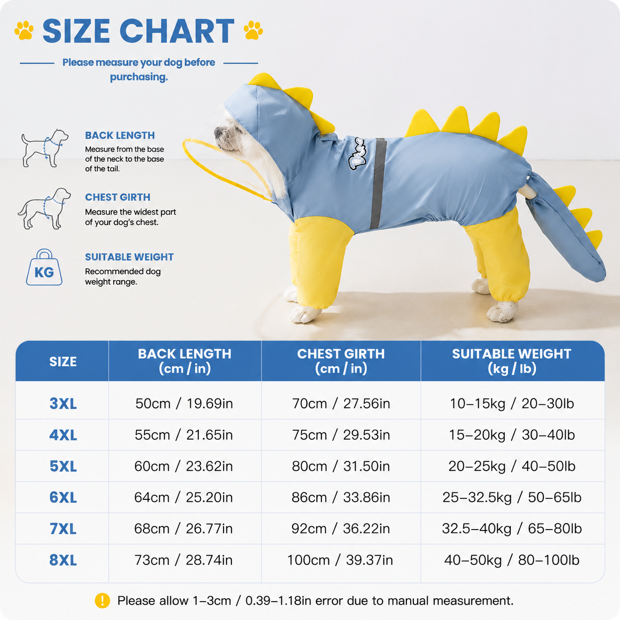 Blue Dog Raincoat Dinosaur Hooded Waterproof Jacket 3XL Size with Leash Hole Removable Tail Cover Full Body Coverage Pet Rain Coat for Outdoor Walking Large Dogs - Image 5