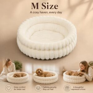 Detachable Washable Dog Cat Bed, Cream Faux Rabbit Fur M Size, Indoor Rest Cushion