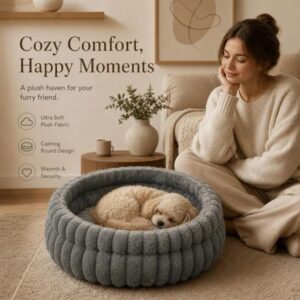 Plush Round Bed - Grey, Size S: 40×40×15cm
